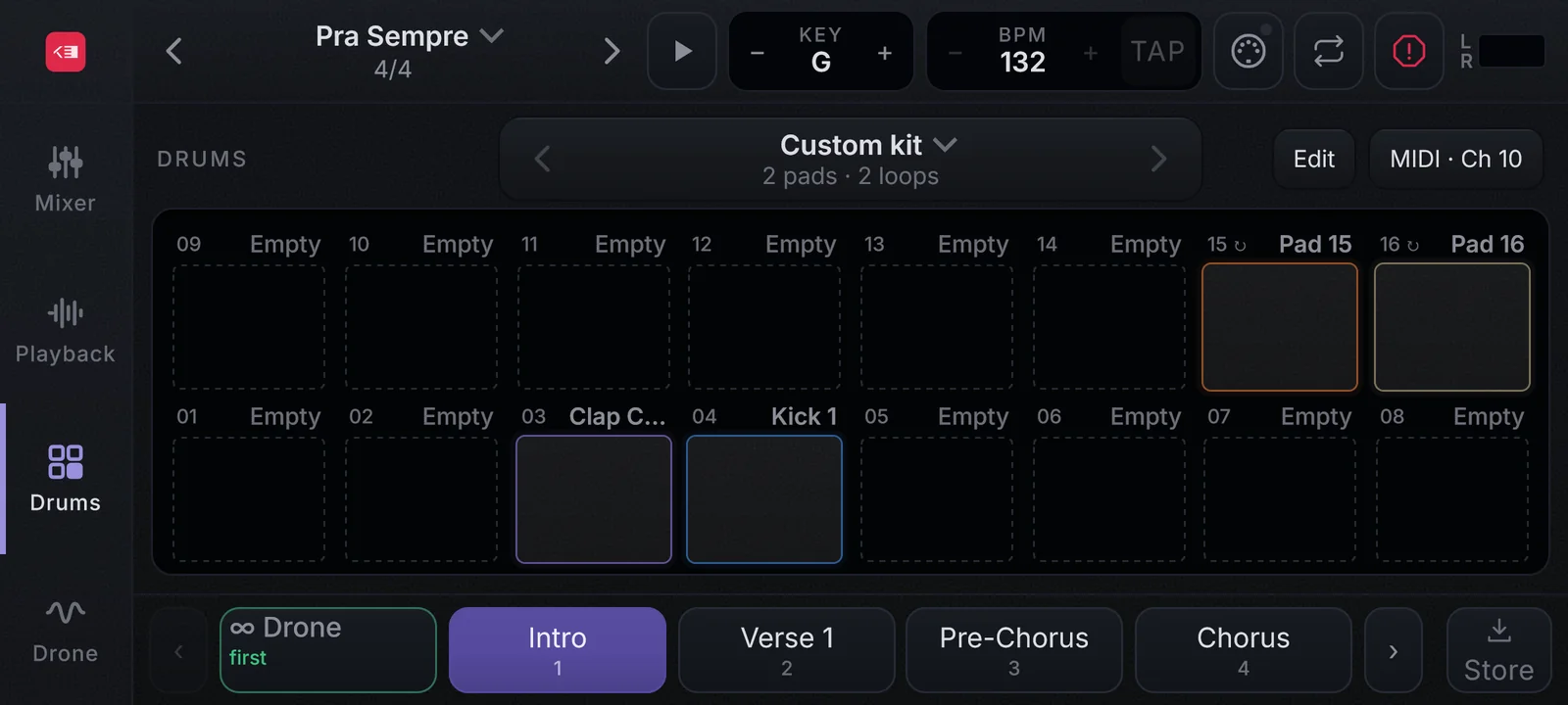 16 pads com as suas amostras e sequências MIDI.